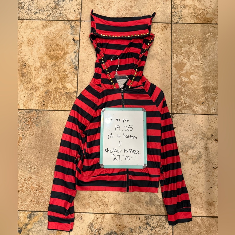 NEW Abbey Dawn Inspired Devil Horns Red Black Striped Hand Studded Hoodie Sz M - Picture 4 of 7